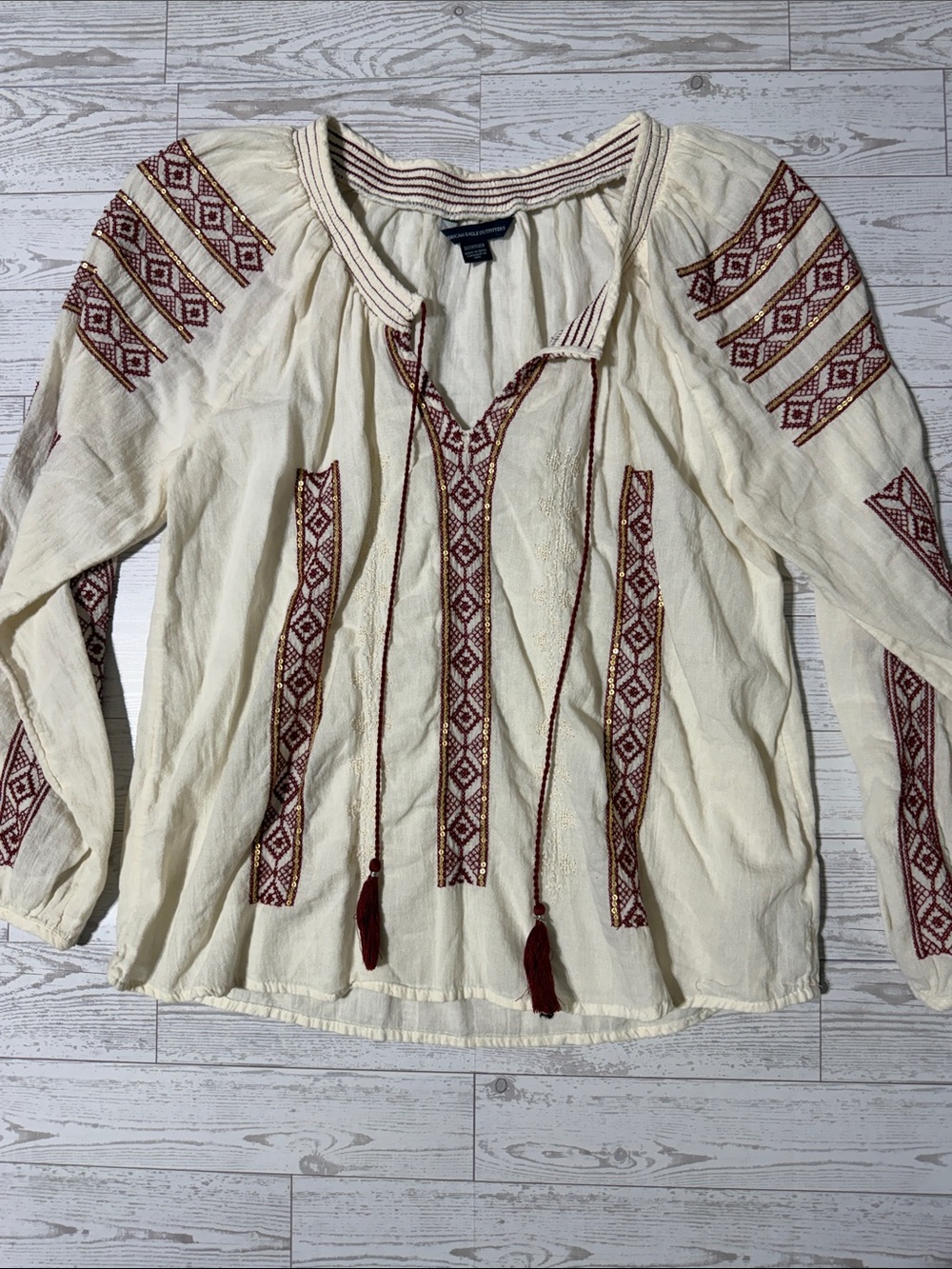 American Eagle Outfitters Cream Peasant Tunic with Rust Embroidery